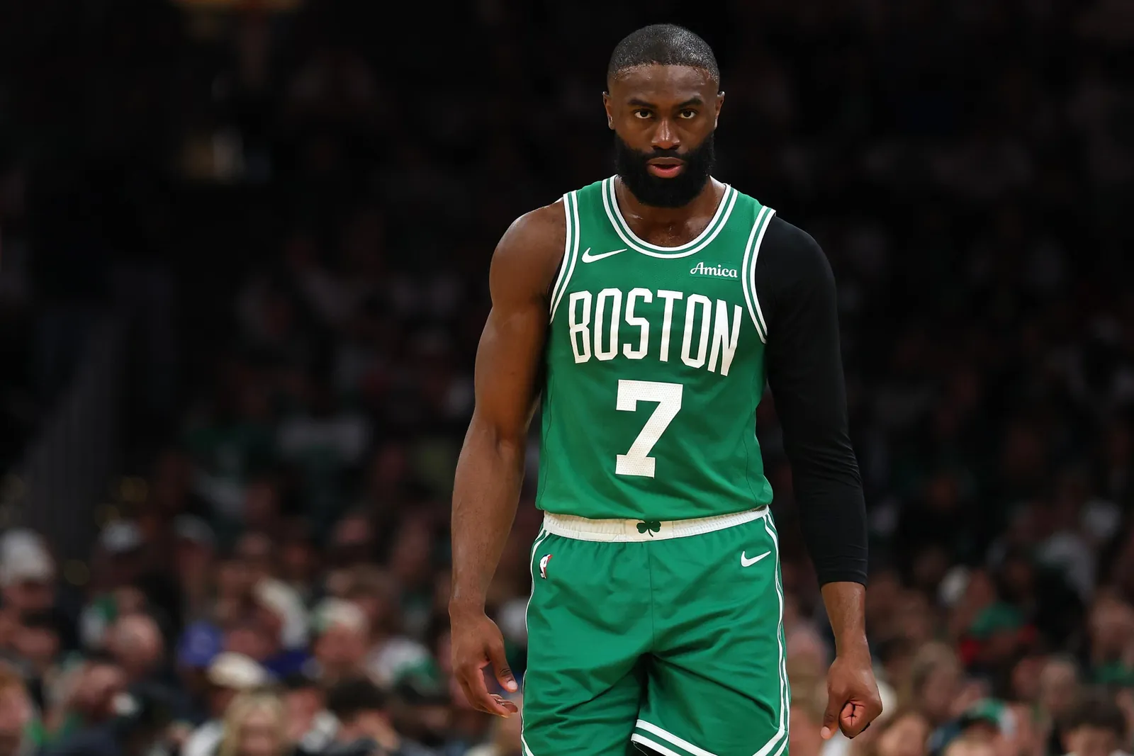 BOSTON, MASSACHUSETTS - MAY 02: Jaylen Brown #7 of the Boston Celtics looks on during the second quarter of a game against the Philadelphia 76ers in Game Seven of the First Round of the NBA Eastern Conference Playoffs at TD Garden on May 02, 2026 in Boston, Massachusetts. NOTE TO USER: User expressly acknowledges and agrees that, by downloading and or using this photograph, User is consenting to the terms and conditions of the Getty Images License Agreement. (Photo by Maddie Meyer/Getty Images)