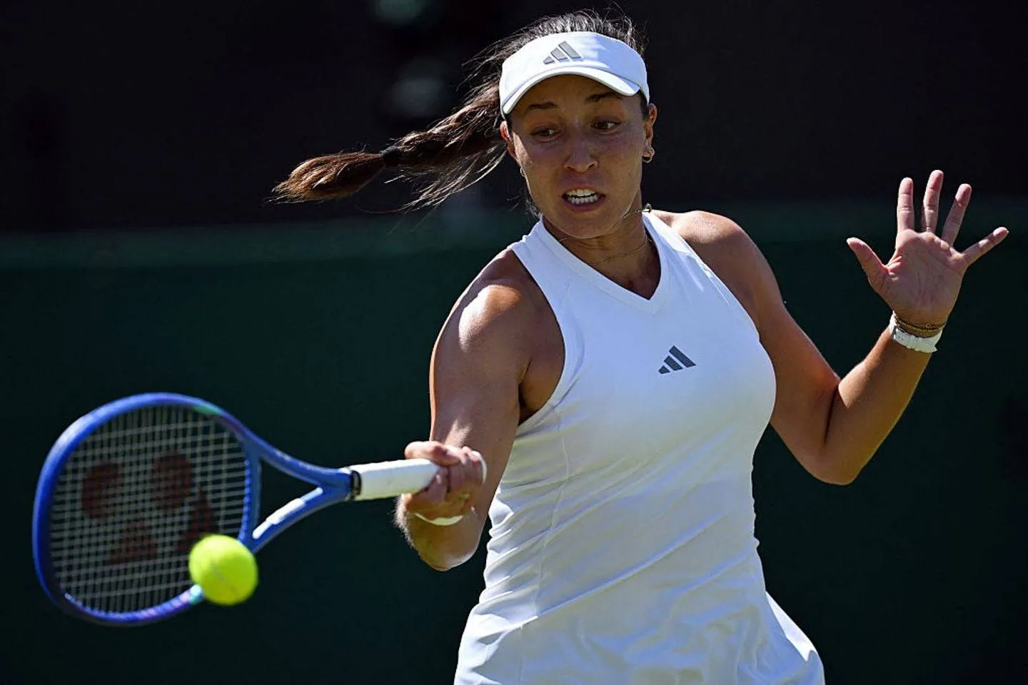 US player Jessica Pegula returns the ball against Czech Republic's Darja Vidmanova during their women's singles first round tennis match on the first day of the 2026 Wimbledon Championships at The All England Lawn Tennis and Croquet Club in Wimbledon, southwest London, on June 29, 2026.