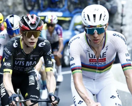 Jonas Vingegaard chases fellow cyclist Tadej Pogacar on stage six of the 2026 men’s Tour de France.