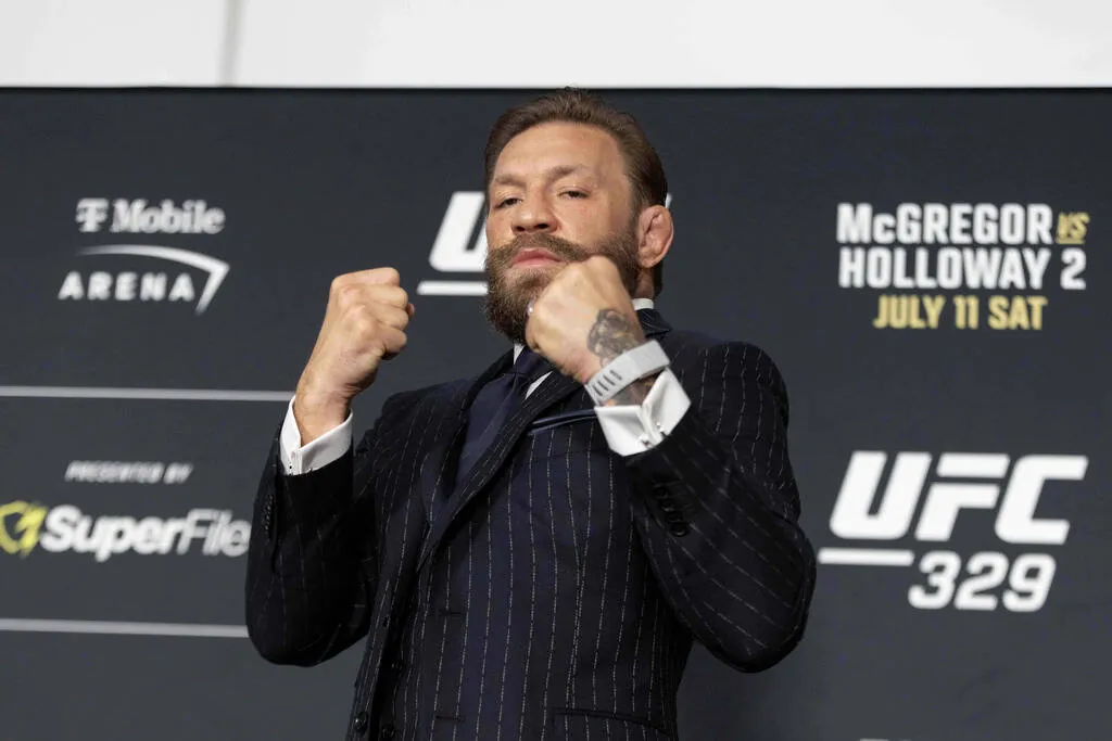 UFC fighter Conor McGregor poses during media day ahead of Saturday’s UFC 329 mixed mart ...