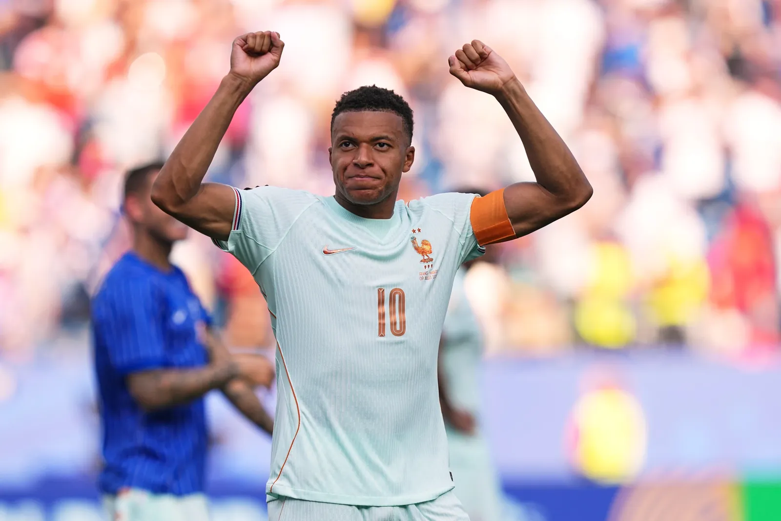 France's Kylian Mbappe celebrates after France defeated Morocco during the World Cup quarterfinal soccer match between France and Morocco in Foxborough, Mass., near Boston, Thursday, July 9, 2026. (AP Photo/Martin Meissner)