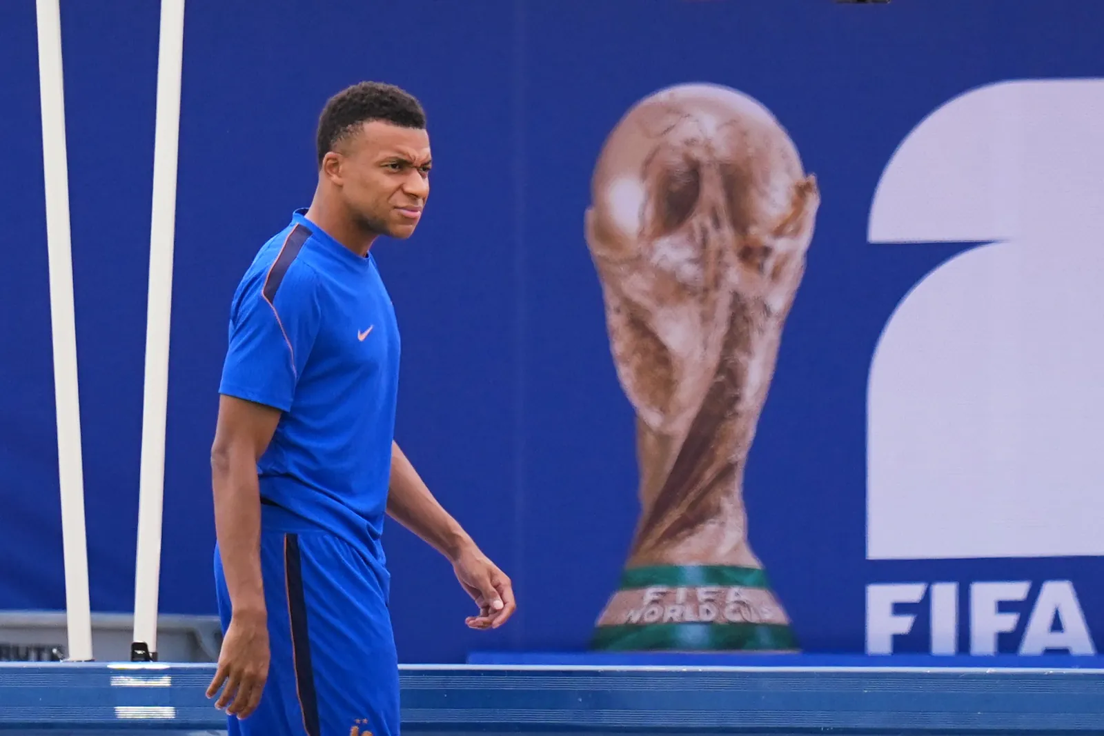 France's Kylian Mbappe participates in a training session ahead of the team's semifinal soccer match against Spain, Monday, July 13, 2026, in Dallas. (AP Photo/Julio Cortez)