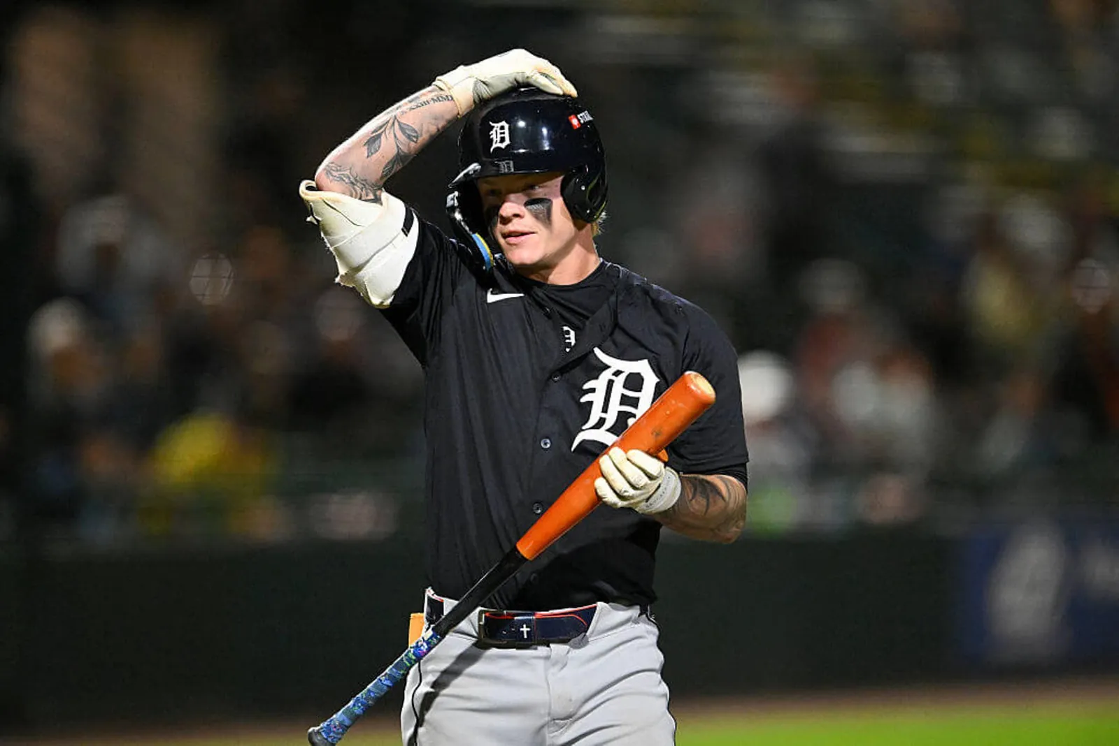 Max Clark #31 of the Detroit Tigers looks on during the fourth inning of a spring training Spring Breakout game against the Pittsburgh Pirates at LECOM Park on March 20, 2026 in Bradenton, Florida.