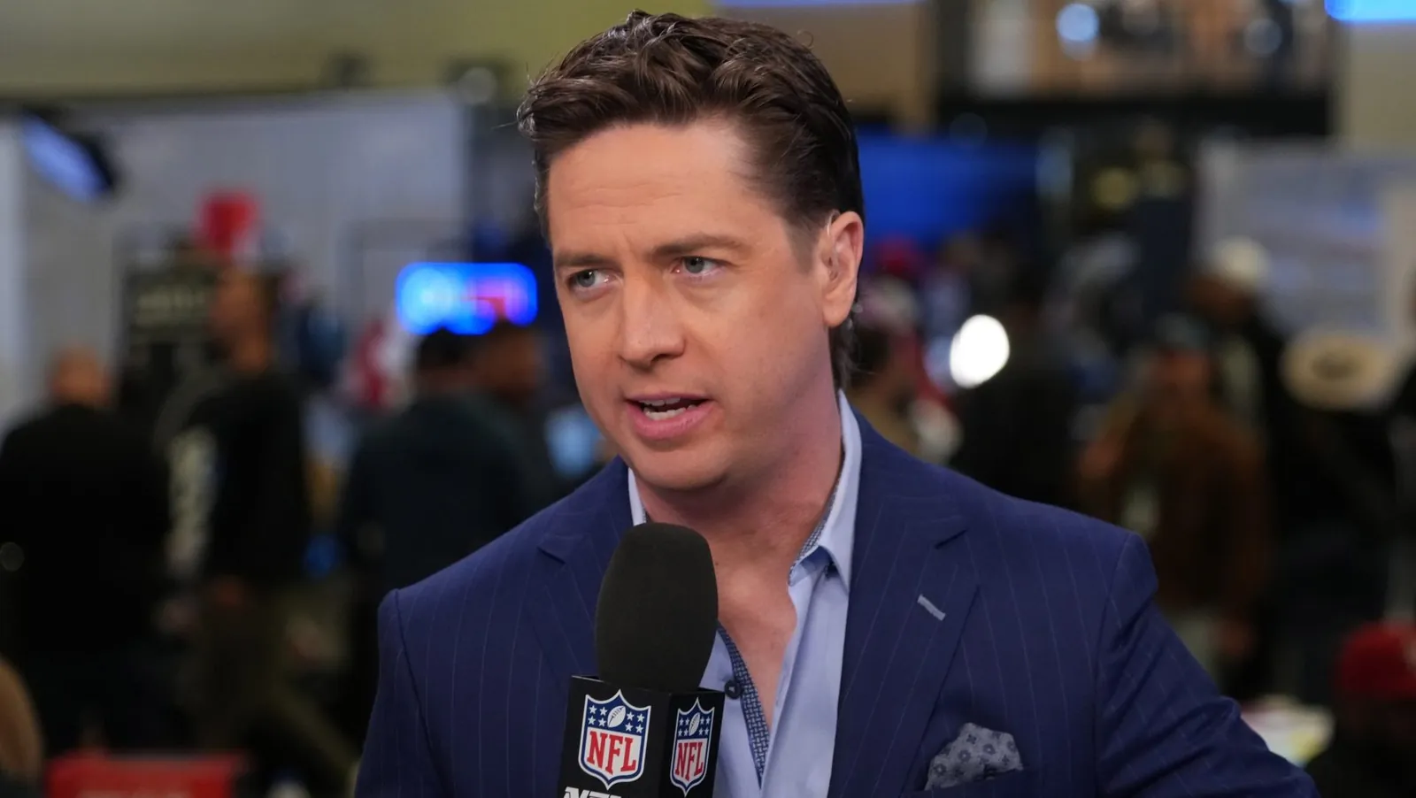 Feb 4, 2026; San Francisco, CA, USA; Tom Pelissero on the NFL Network set at the Super Bowl LX media center at the Moscone Center. Mandatory Credit: Kirby Lee-Imagn Images