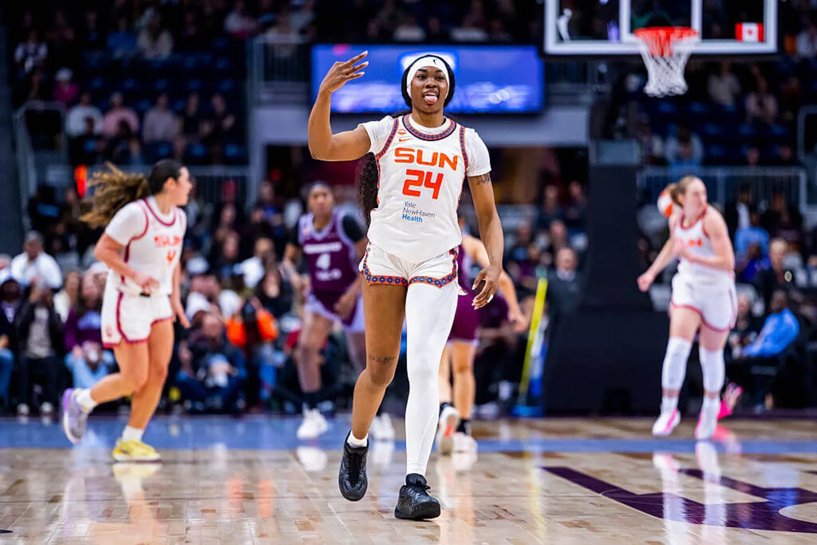 Aneesah Morrow celebrates a 3-pointer earlier this season.
