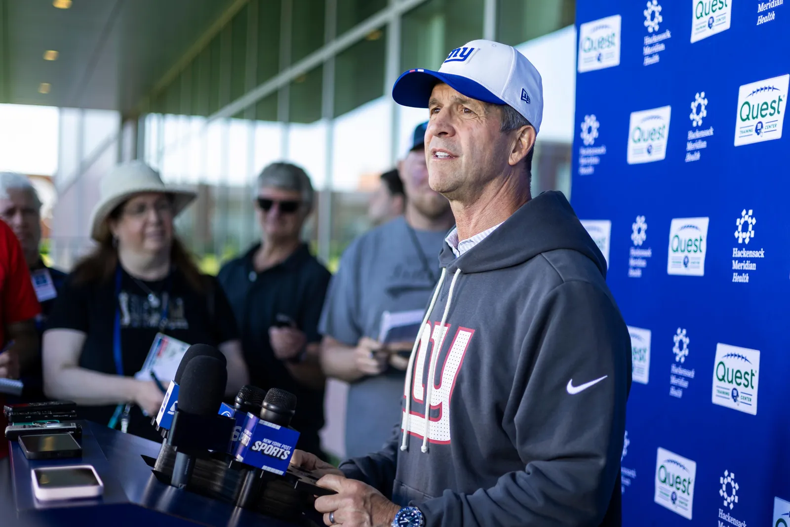 John Harbaugh speaks with the media during camp at their facility, Monday, June 8, 2026, in East Rutherford, NJ.