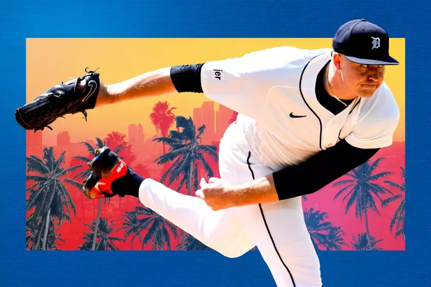 A photo illustration of baseball pitcher Tarik Skubal in front of the Los Angeles skyline.