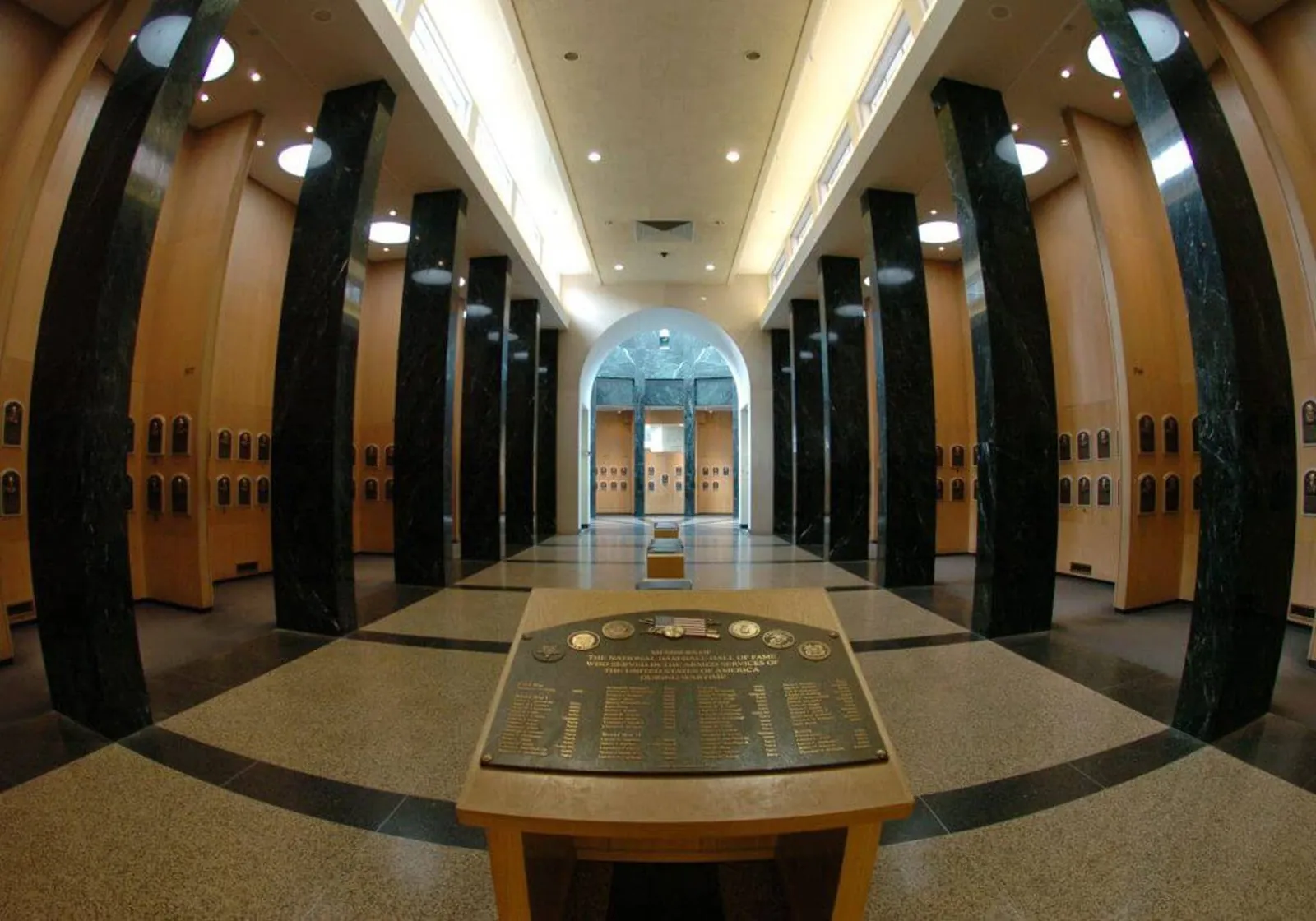 Plaques in the main hallway identify inductee classes in the Baseball Hall of Fame and Museum July 25, 2004 in Cooperstown, New York.