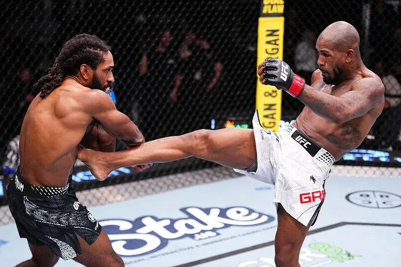 King Green kicks Lance Gibson Jr. in a 160-pound catchweight fight during the UFC Fight Night event at UFC APEX on December 13, 2025 in Las Vegas, Nevada. (Photo by Jeff Bottari/Zuffa LLC)