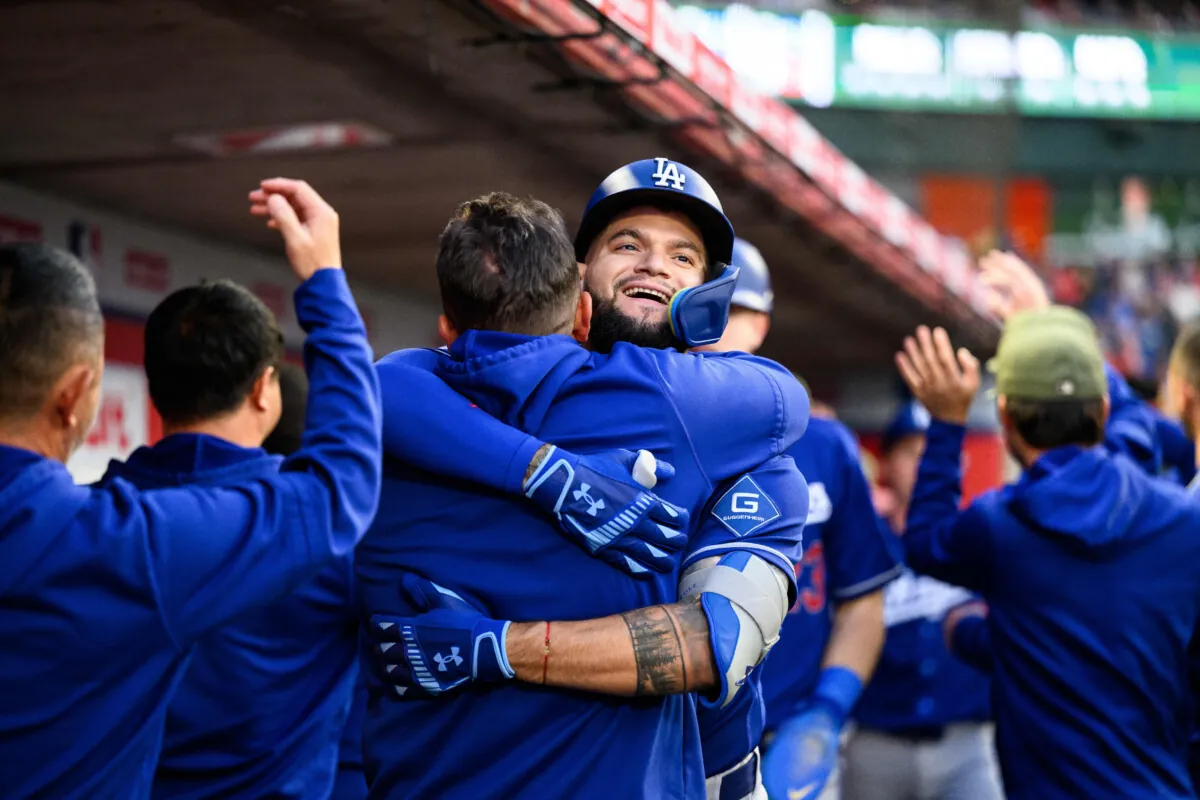 May 15, 2026; Anaheim, California, USA; Los Angeles Dodgers center fielder Andy Pages (44) is greeted by teammates after hitting a home run during the fourth inning against the Los Angeles Angels at Angel Stadium. Mandatory Credit: William Liang-Imagn Images