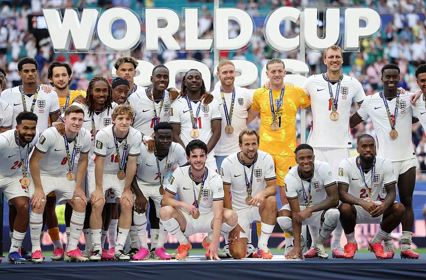 MIAMI GARDENS, FLORIDA - JULY 18: England players pose for a photograph after receiving their third place medals after their 6-4 win during the FIFA World Cup 2026 Bronze Final between France and England at Miami Stadium on July 18, 2026 in Miami Gardens, Florida. (Photo by Sarah Stier - FIFA/FIFA via Getty Images)