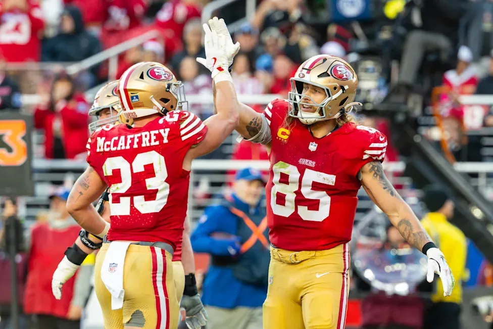 SANTA CLARA, CA - DECEMBER 14: George Kittle #85 of the San Francisco 49ers celebrates a touchdown with Christian McCaffrey #23 of the San Francisco 49ers during a NFL game against the Tennessee Titans on December 14, 2025 at Levi's Stadium in Santa Clara, CA. (Photo by Matthew Huang/Icon Sportswire via Getty Images) | Icon Sportswire via Getty Images