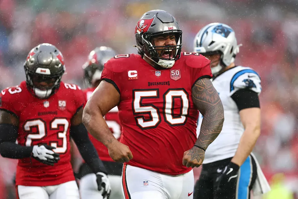 TAMPA, FLORIDA - JANUARY 3: Vita Vea #50 of the Tampa Bay Buccaneers celebrates during the first quarter against the Carolina Panthers at Raymond James Stadium on January 3, 2026 in Tampa, Florida. (Photo by Kevin Sabitus/Getty Images) | Getty Images