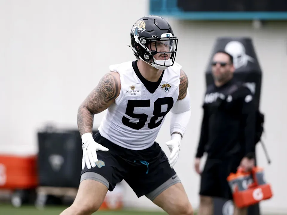 JACKSONVILLE, FL - MAY 09: Zach Durfee #58 of the Jacksonville Jaguars goes through workout drills during Rookie Mini Camp at Miller Electric Center on May 9, 2026 in Jacksonville, Florida. (Photo by Don Juan Moore/Getty Images) | Getty Images