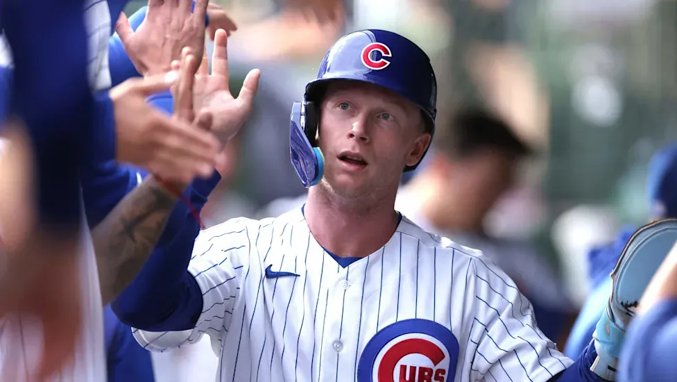 CHICAGO, ILLINOIS - AUGUST 1: Pete Crow-Armstrong #4 of the Chicago Cubs celebrates scoring during the first inning against the New York Yankees at Wrigley Field on August 1, 2026 in Chicago, Illinois. (Photo by Geoff Stellfox/Getty Images)