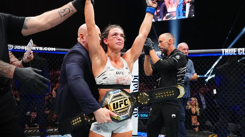 Mackenzie Dern reacts after a victory against Virna Jandiroba of Brazil in the UFC strawweight championship fight during the UFC 321 event at Etihad Arena on October 25, 2025 in Abu Dhabi, United Arab Emirates. (Photo by Chris Unger/Zuffa LLC)