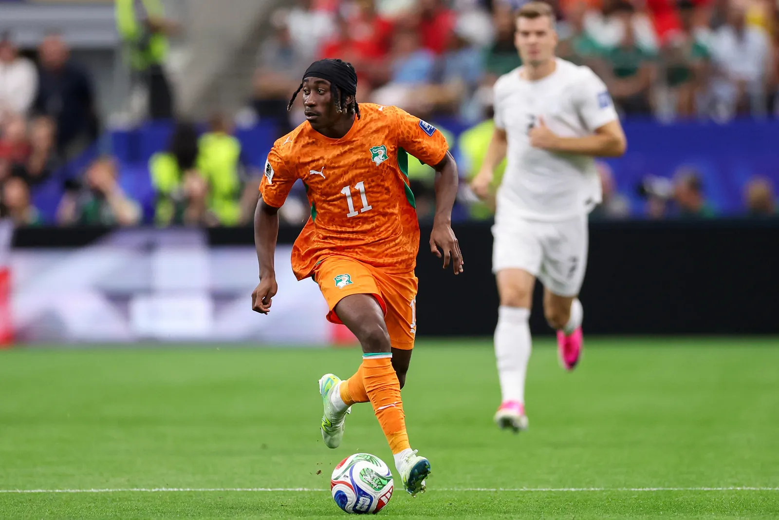 Ivory Coast's Yan Diomande (11) moves the ball during the World Cup round of 32 soccer match between Ivory Coast and Norway in Arlington, Texas, June 30, 2026. (AP Photo/Sam Hodde, File)
