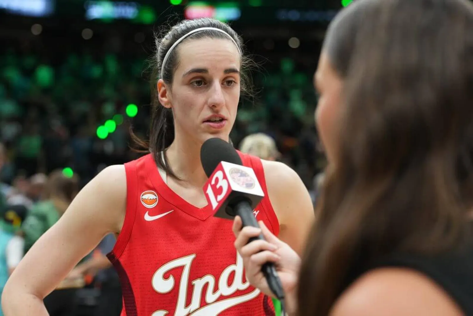 Indiana Fever star Caitlin Clark talks to the media after the game against the Seattle Storm at Climate Pledge Arena on July 28, 2026, in Seattle