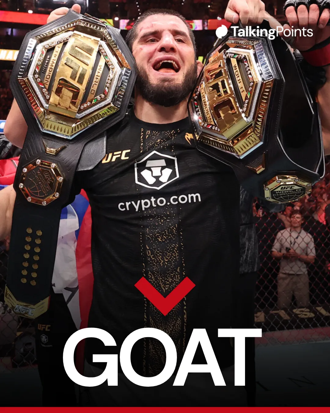 Islam Makhachev celebrates his UFC 330 win