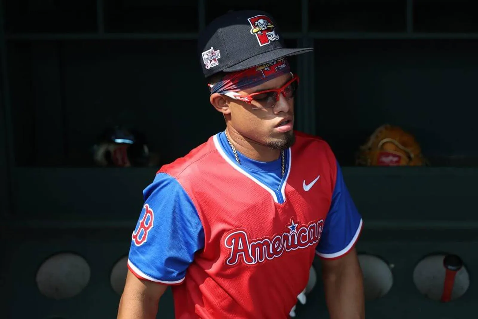 Franklin Arias of the Boston Red Sox on the American League Team warms up at Citizens Bank Park at the All-Star Game.